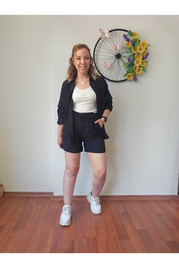 Kadın Keten Kumaş Oversize Siyah Gömlek Şort Takımı