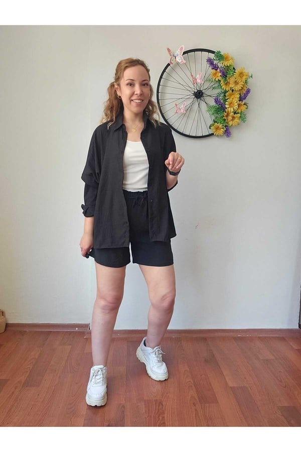 Kadın Keten Kumaş Oversize Siyah Gömlek Şort Takımı