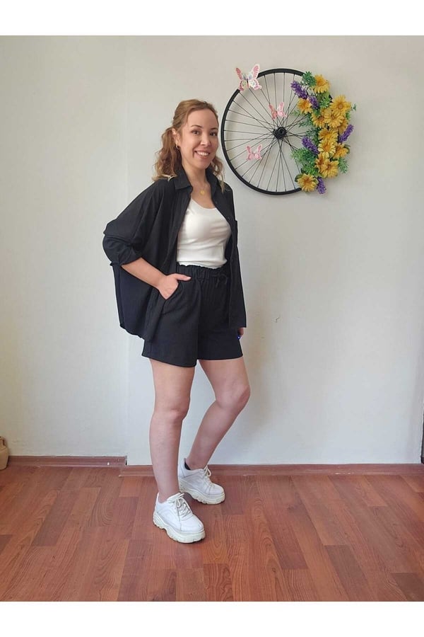 Kadın Keten Kumaş Oversize Siyah Gömlek Şort Takımı