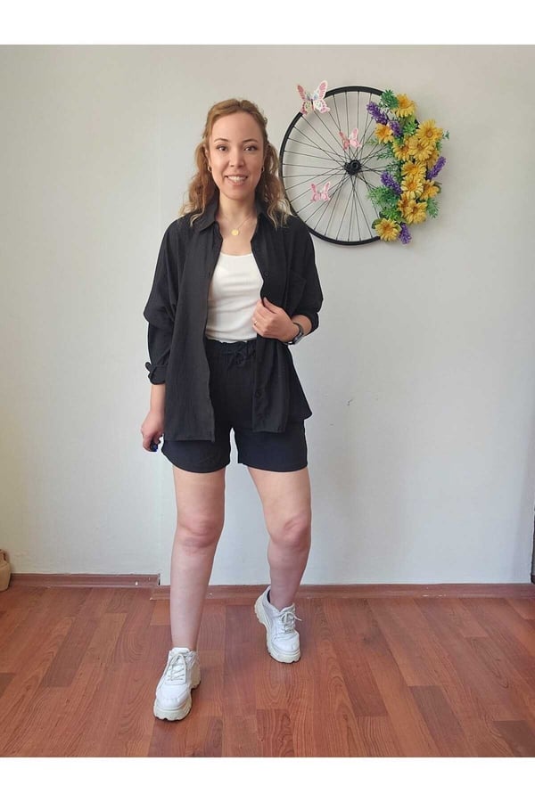 Kadın Keten Kumaş Oversize Siyah Gömlek Şort Takımı