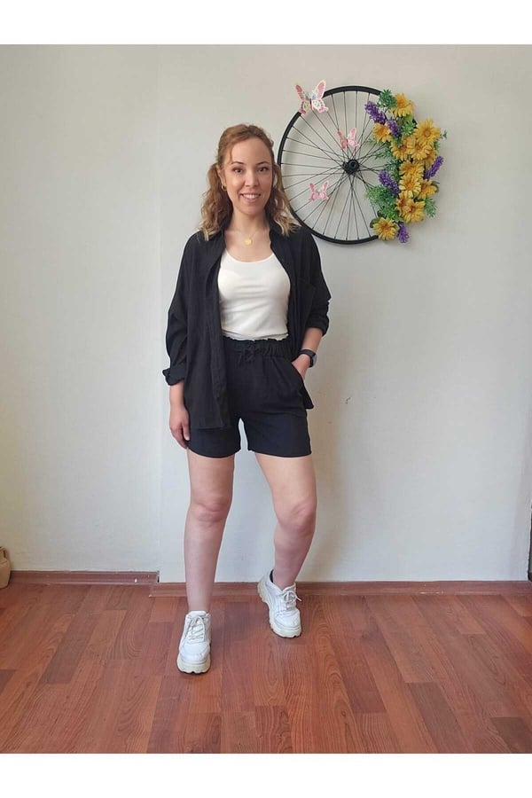 Kadın Keten Kumaş Oversize Siyah Gömlek Şort Takımı