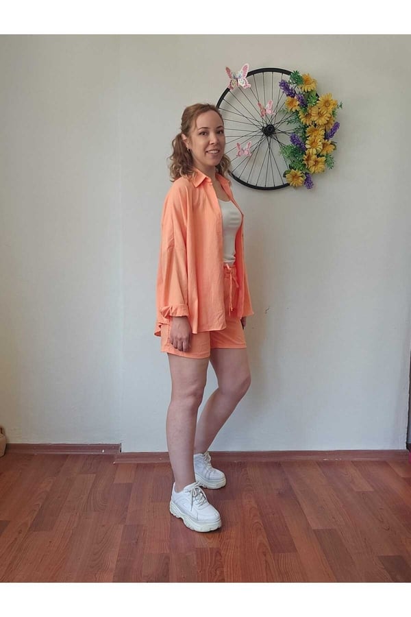 Kadın Keten Kumaş Oversize Yavruağzı Renk Gömlek Şort Takımı