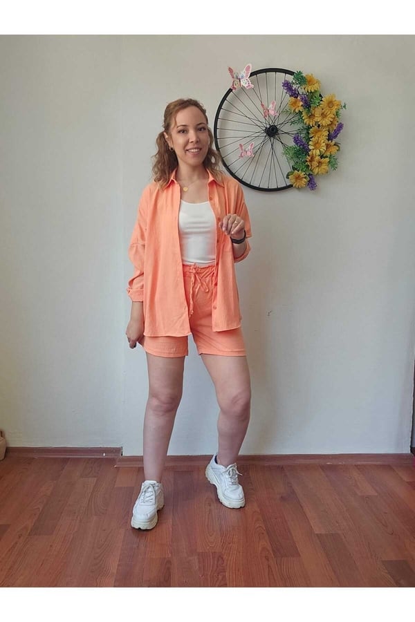 Kadın Keten Kumaş Oversize Yavruağzı Renk Gömlek Şort Takımı