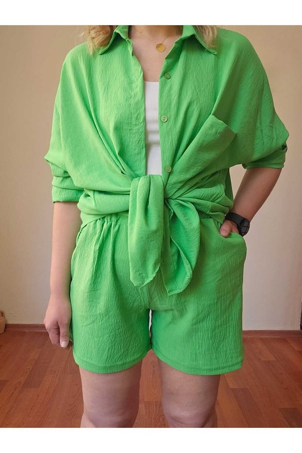 Kadın Keten Kumaş Oversize Yeşil Gömlek Şort Takımı