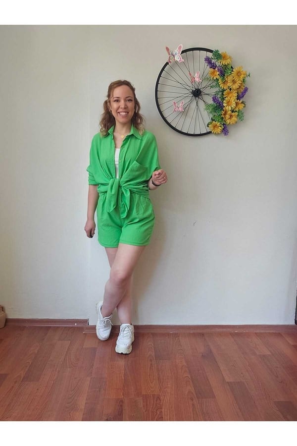 Kadın Keten Kumaş Oversize Yeşil Gömlek Şort Takımı