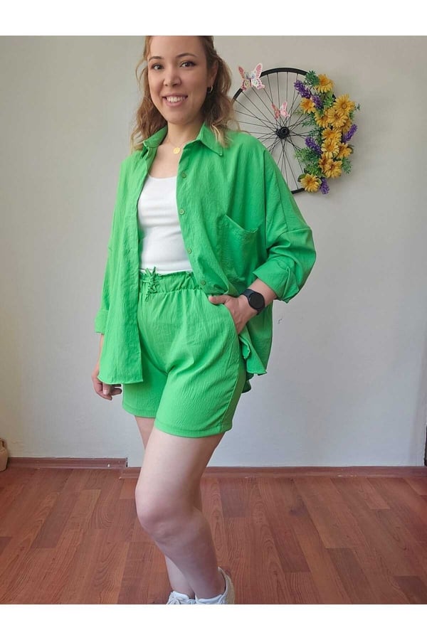Kadın Keten Kumaş Oversize Yeşil Gömlek Şort Takımı