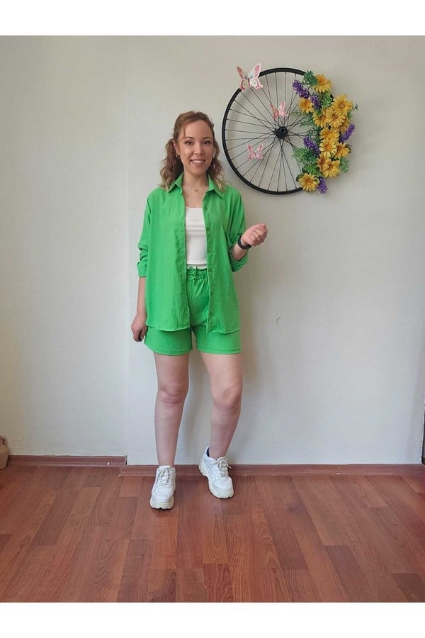 Kadın Keten Kumaş Oversize Yeşil Gömlek Şort Takımı