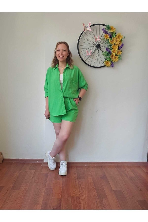 Kadın Keten Kumaş Oversize Yeşil Gömlek Şort Takımı