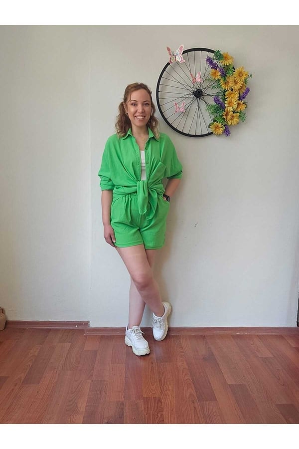 Kadın Keten Kumaş Oversize Yeşil Gömlek Şort Takımı