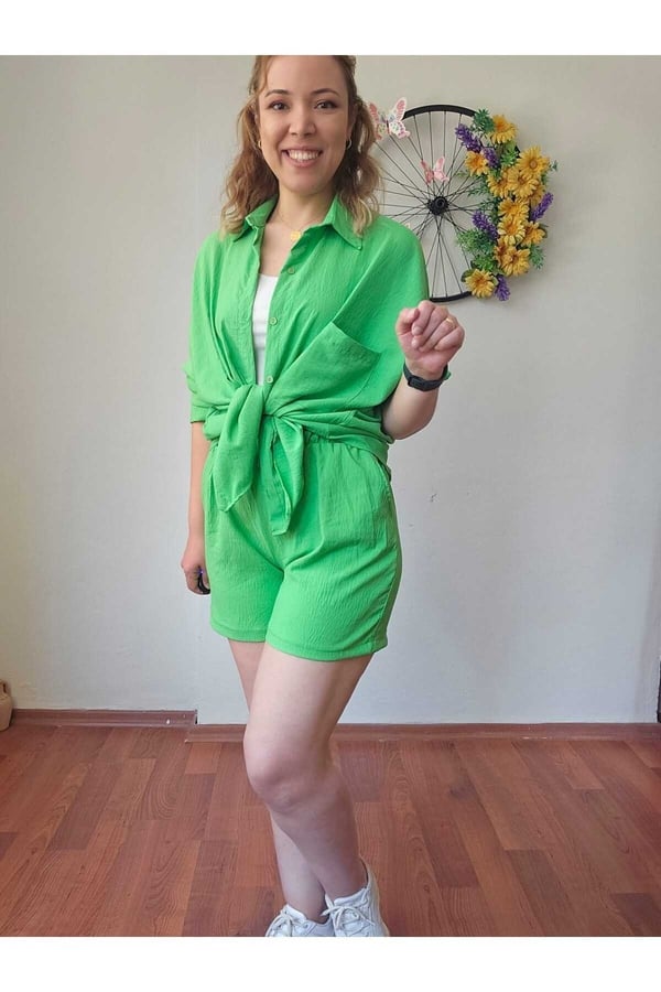 Kadın Keten Kumaş Oversize Yeşil Gömlek Şort Takımı