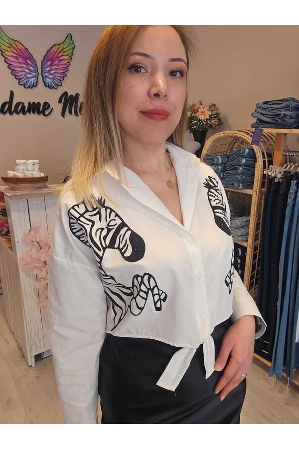 Kadın Keten Zebra Nakışlı Ön Bağlamalı Gömlek