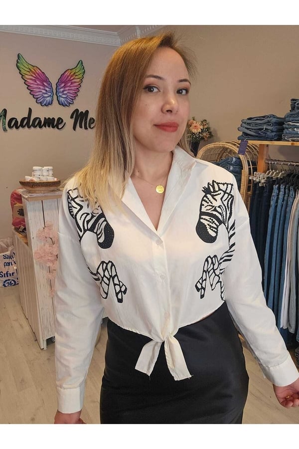 Kadın Keten Zebra Nakışlı Ön Bağlamalı Gömlek