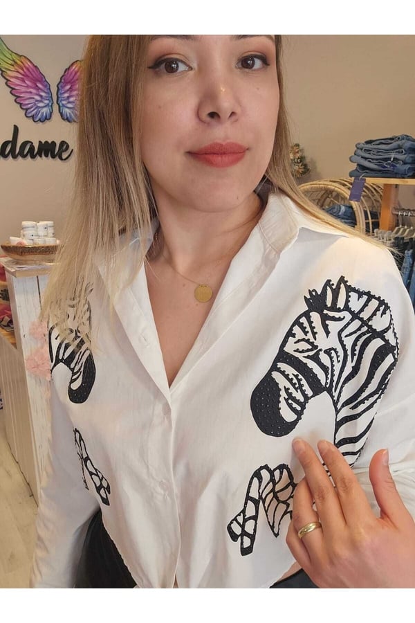 Kadın Keten Zebra Nakışlı Ön Bağlamalı Gömlek