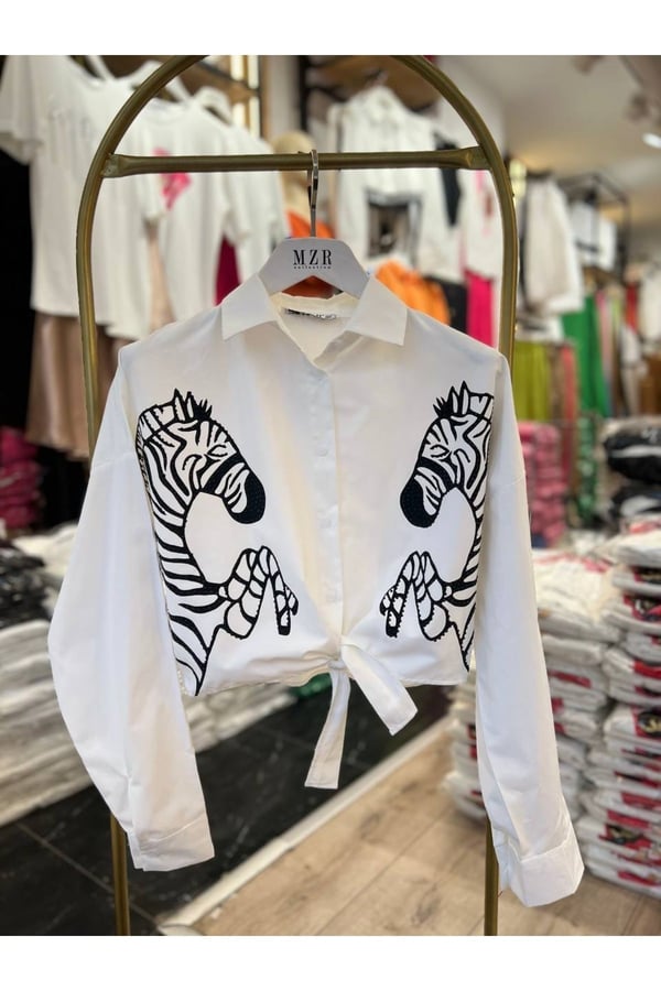 Kadın Keten Zebra Nakışlı Ön Bağlamalı Gömlek
