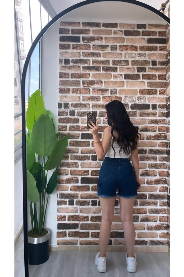 Kadın Kot Sort Comfort Likralı Yüksek Bel Kargo Cep