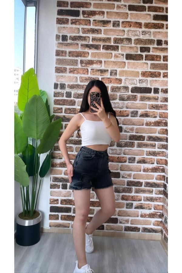 Kadın Kot Sort Comfort Likralı Yüksek Bel Kargo Cep