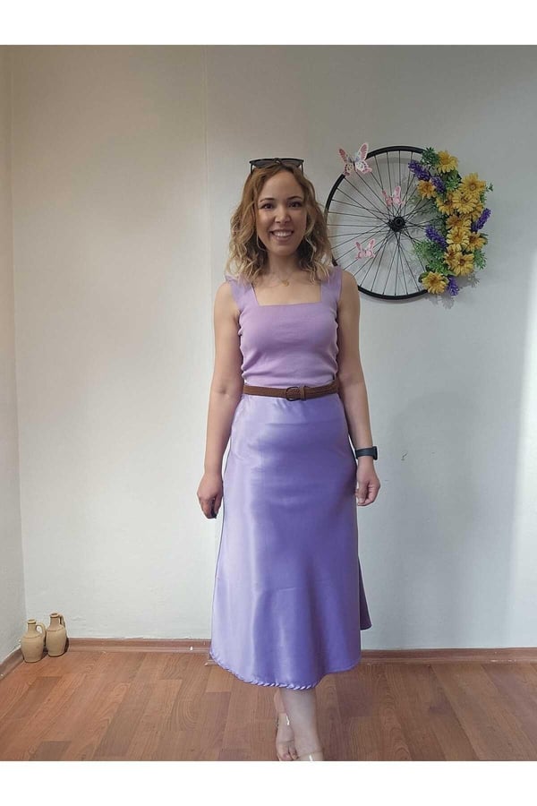 Kadın Lila Renk Beli Lastikli Pamuk Kumaş Midi Boy Saten Premium Etek