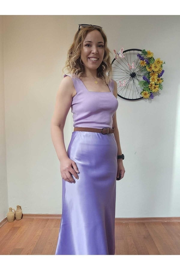 Kadın Lila Renk Beli Lastikli Pamuk Kumaş Midi Boy Saten Premium Etek