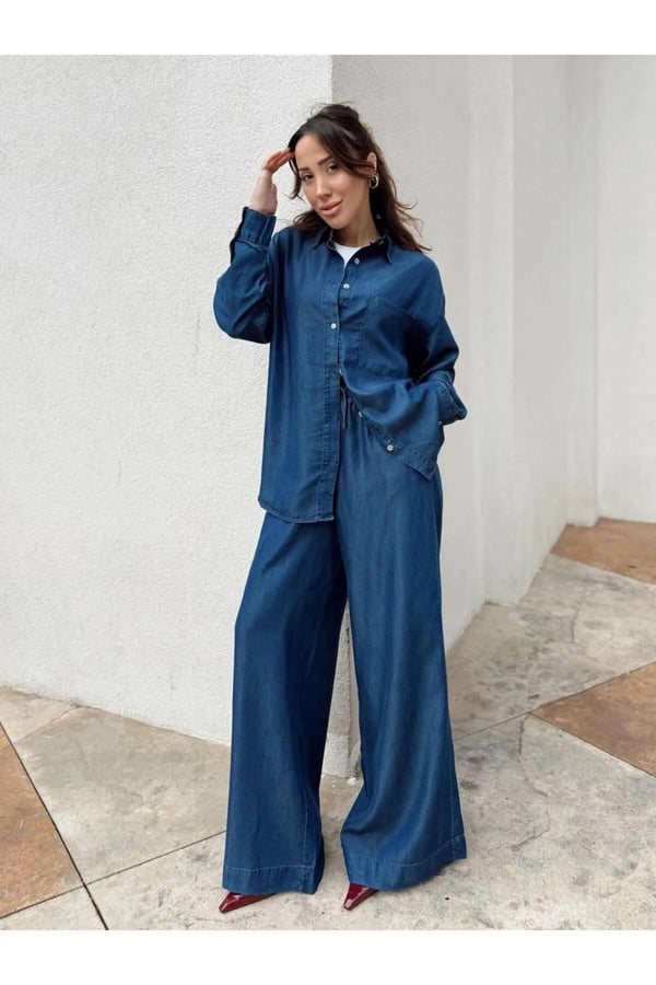 Kadın Mavi Denim Gömlek Pantalon Takım