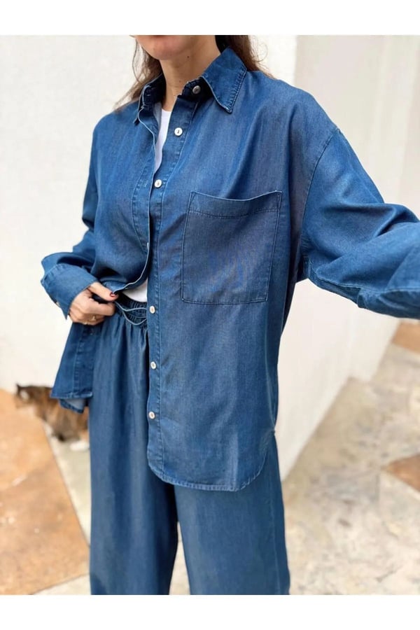 Kadın Mavi Denim Gömlek Pantalon Takım