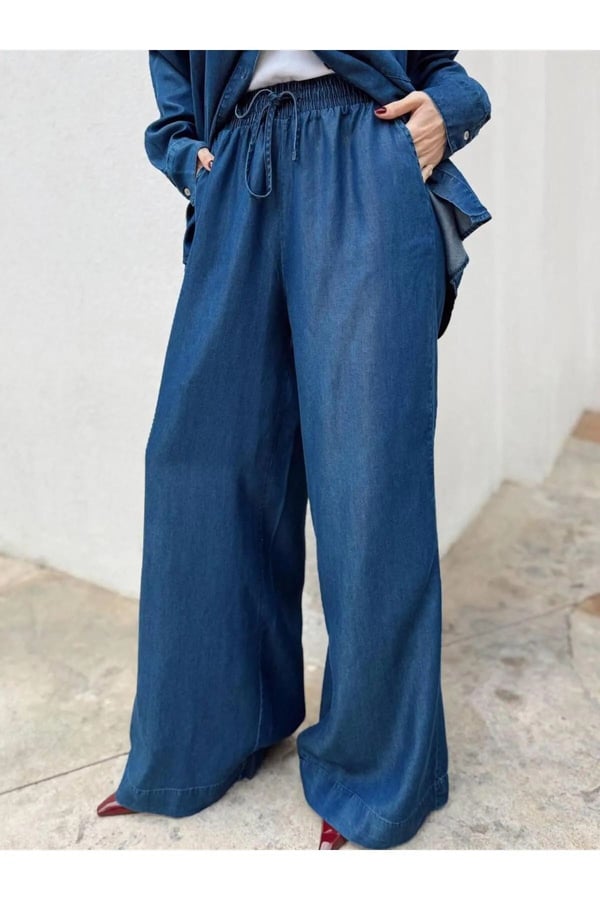 Kadın Mavi Denim Gömlek Pantalon Takım