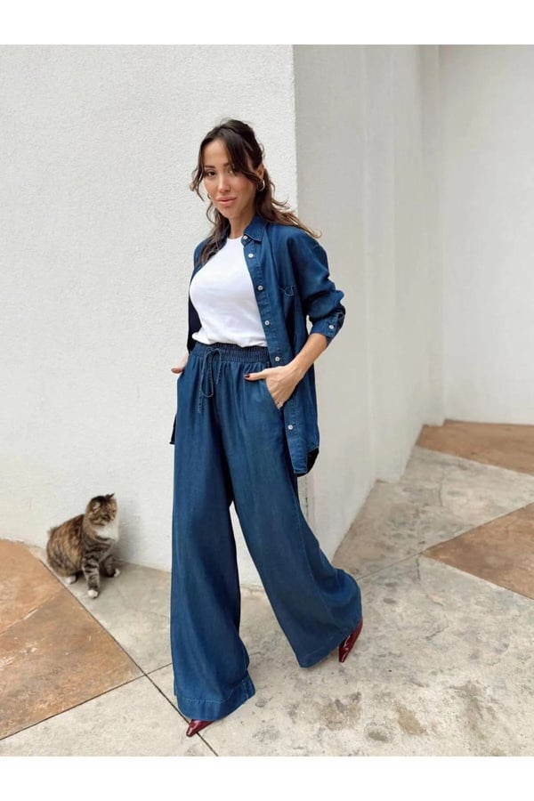 Kadın Mavi Denim Gömlek Pantalon Takım