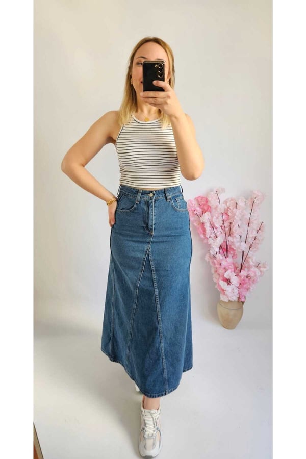 Kadın Mavi Renk A Tipi Kesim Denim Etek