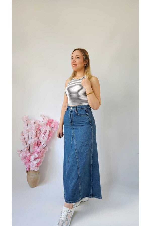 Kadın Mavi Renk A Tipi Kesim Denim Etek