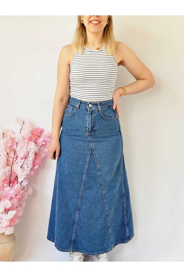 Kadın Mavi Renk A Tipi Kesim Denim Etek