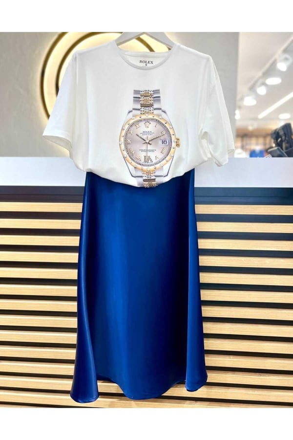 Kadın Mavi Renk Beli Lastikli Pamuk Kumaş Midi Boy Saten Premium Etek