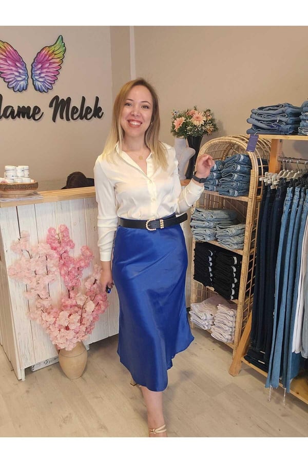 Kadın Mavi Renk Beli Lastikli Pamuk Kumaş Midi Boy Saten Premium Etek