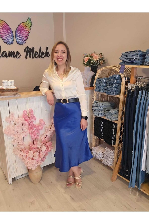 Kadın Mavi Renk Beli Lastikli Pamuk Kumaş Midi Boy Saten Premium Etek