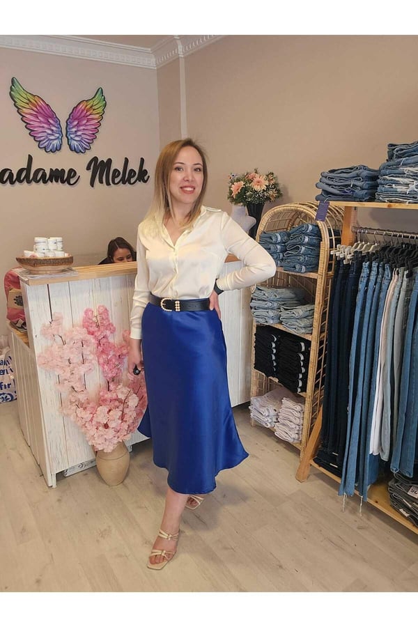 Kadın Mavi Renk Beli Lastikli Pamuk Kumaş Midi Boy Saten Premium Etek
