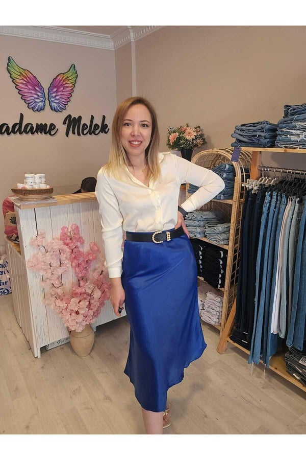 Kadın Mavi Renk Beli Lastikli Pamuk Kumaş Midi Boy Saten Premium Etek