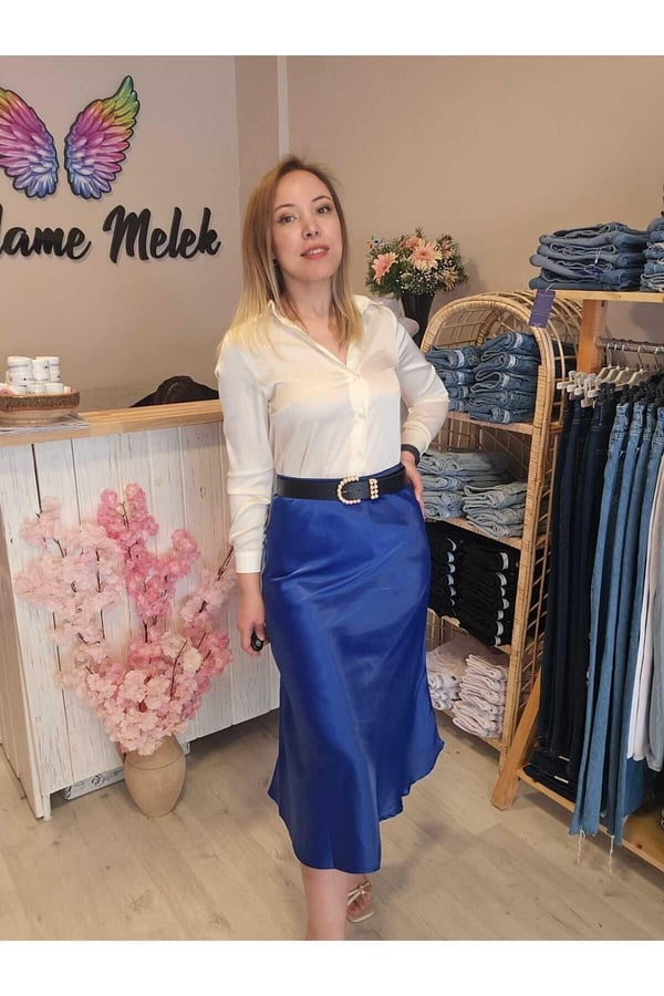 Kadın Mavi Renk Beli Lastikli Pamuk Kumaş Midi Boy Saten Premium Etek