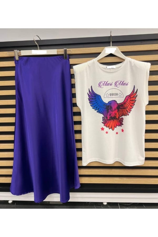 Kadın Mavi Renk Beli Lastikli Pamuk Kumaş Midi Boy Saten Premium Etek