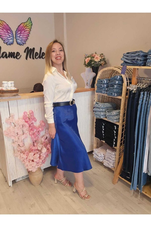Kadın Mavi Renk Beli Lastikli Pamuk Kumaş Midi Boy Saten Premium Etek