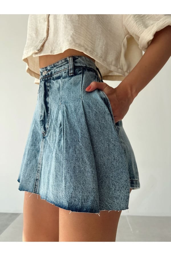 Kadın Mavi Renk Şort Etek Denim Etek Mini Etek Kot Etek