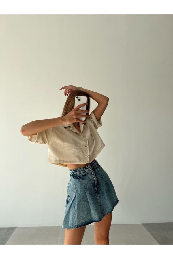 Kadın Mavi Renk Şort Etek Denim Etek Mini Etek Kot Etek