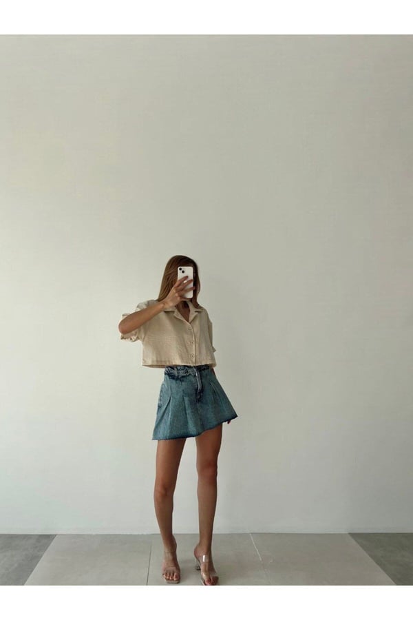 Kadın Mavi Renk Şort Etek Denim Etek Mini Etek Kot Etek