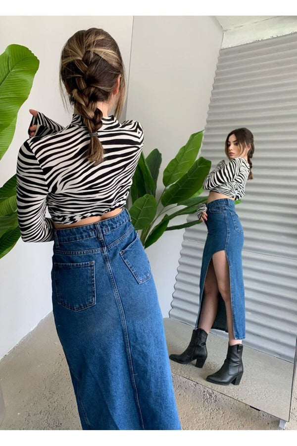 Kadın Mavi Renk Yandan Derin Yırtmaç Detaylı Uzun Denim Etek Midi Boy