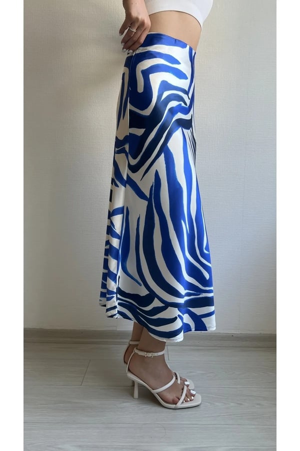 Kadın Mavi Zebra Desenli Beli Lastikli Midi Boy Pamuk Saten Premium Etek
