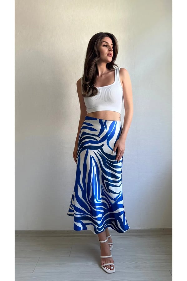 Kadın Mavi Zebra Desenli Beli Lastikli Midi Boy Pamuk Saten Premium Etek