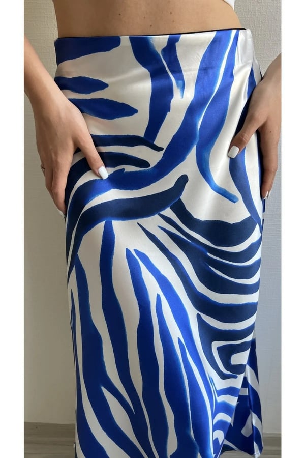 Kadın Mavi Zebra Desenli Beli Lastikli Midi Boy Pamuk Saten Premium Etek