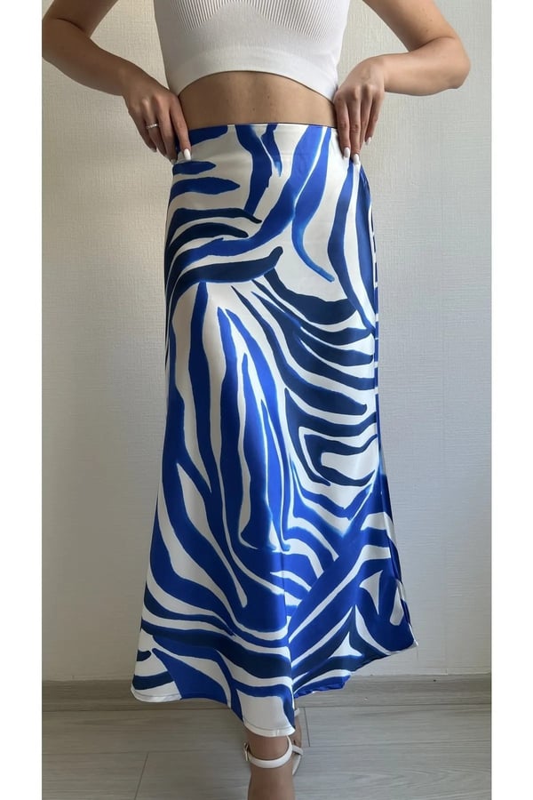 Kadın Mavi Zebra Desenli Beli Lastikli Midi Boy Pamuk Saten Premium Etek