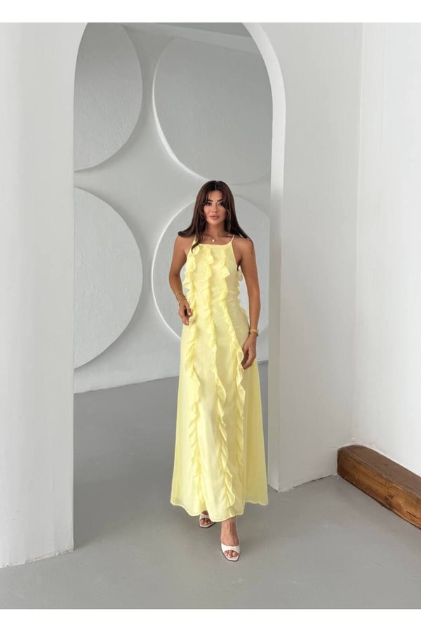 Kadın Maxi Boy Fırfır Detaylı Multisifon Elbise