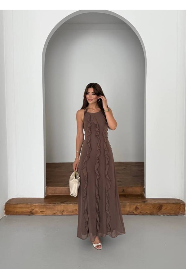 Kadın Maxi Boy Fırfır Detaylı Multisifon Elbise