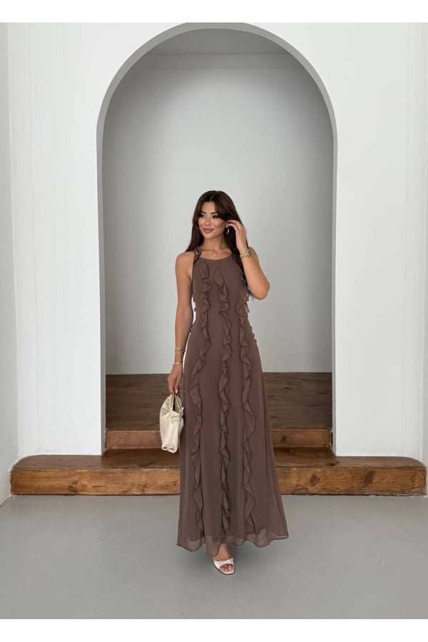 Kadın Maxi Boy Fırfır Detaylı Multisifon Elbise