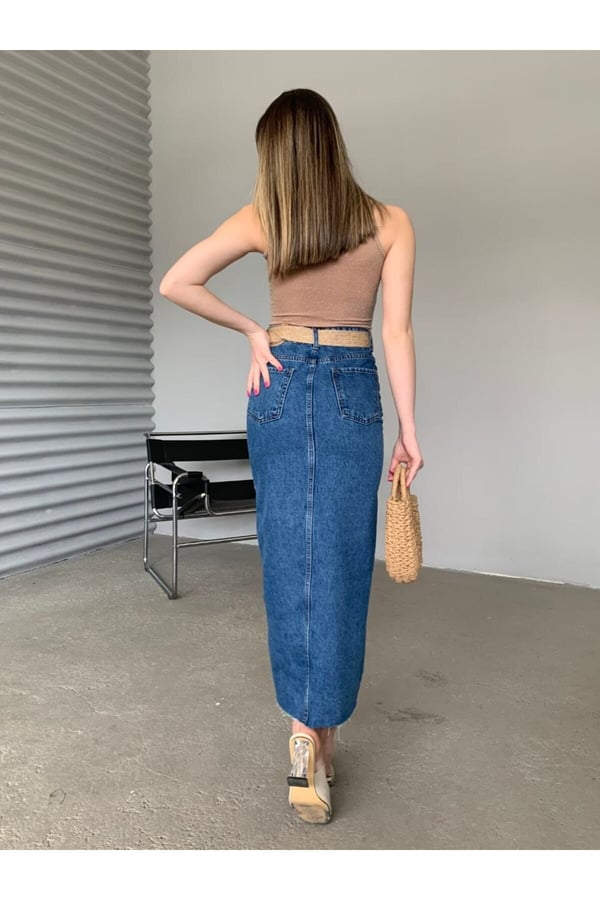 Kadın Mİdi Boy Denim Etek Kot Etek Etek Ucu Dikişsiz