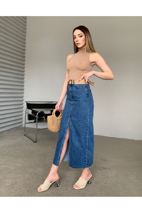 Kadın Mİdi Boy Denim Etek Kot Etek Etek Ucu Dikişsiz